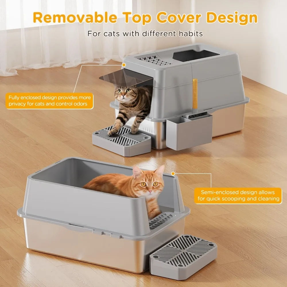 صندوق نفايات من الفولاذ المقاوم للصدأ مع غطاء، صندوق نفايات معدني مغلق XL بتصميم مع غطاء قلاب يناسب جميع القطط، مغطى كبير جدًا