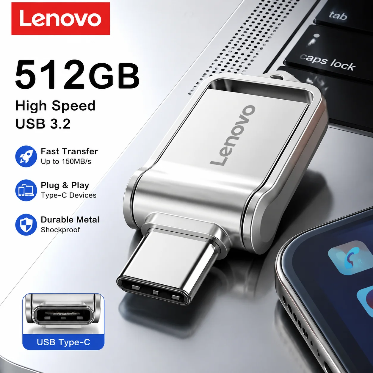 Lenovo High Speed Pendrive USB Flash Drive U Disk 128GB 256GB Type-C Pen Drive 512GB Waterproof Storage PC Phone Data Transfer