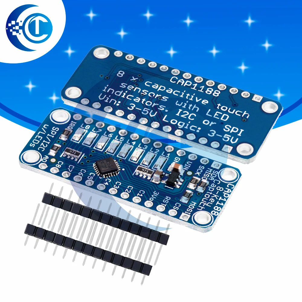 CAP1188 8-Key Capacitive Touch Module (3V-5V): SPI/I2C Interfaces, LED Indicator – for Arduino-Ready