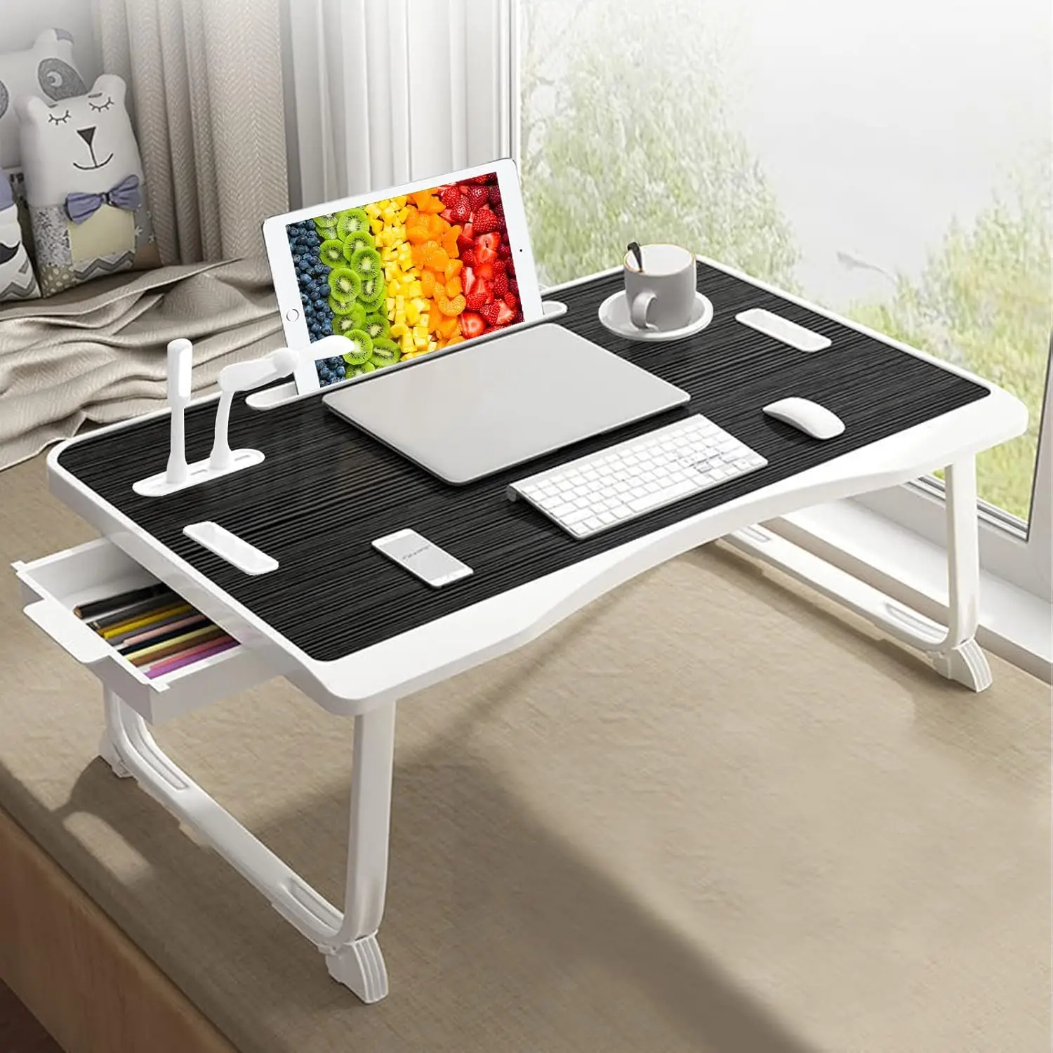 

Foldable Laptop Bed Desk with USB Ports, Cup Holder & Drawer