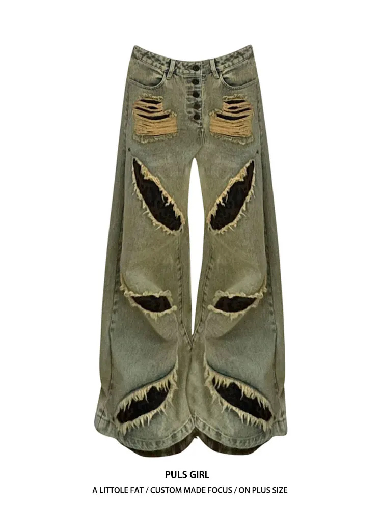 

Retro American Washed Leopard Print Patchwork Wide Leg Jeans Women's Loose Fit Casual High Waist Spring Summer New Style