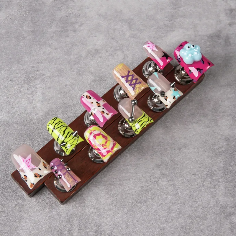 Handmade Medium Coffin Press On Nails Y2K Colorful Leopard Zebra Print 3D Cloud Fake Nails Punk Piercing Design Reusable Trendy
