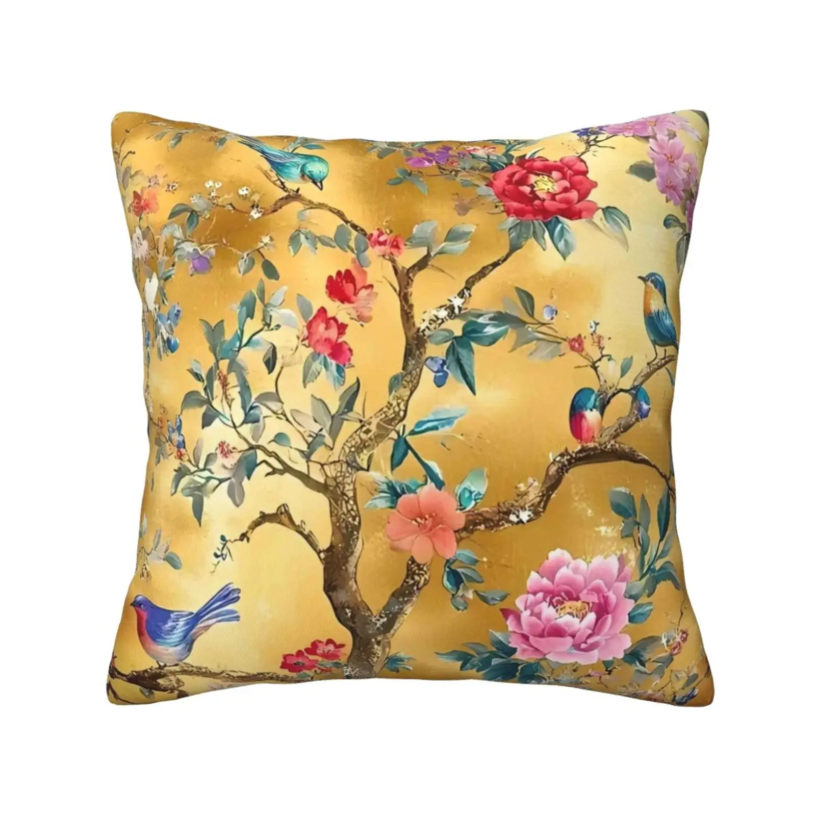 1 Vintage Chinese Flower and Bird Design Pillowcase, Polyester, Zipper Opening, Square Size, Elegant Decorative Pillowcase, Suit