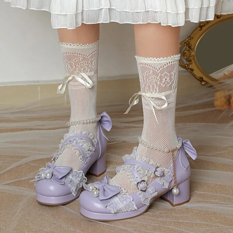 

Cross Strap Women High Heels Mary Jane Pumps Party Wedding Cosplay White Pink Black Strawberry Bow Princess Cosplay Lolita Shoes