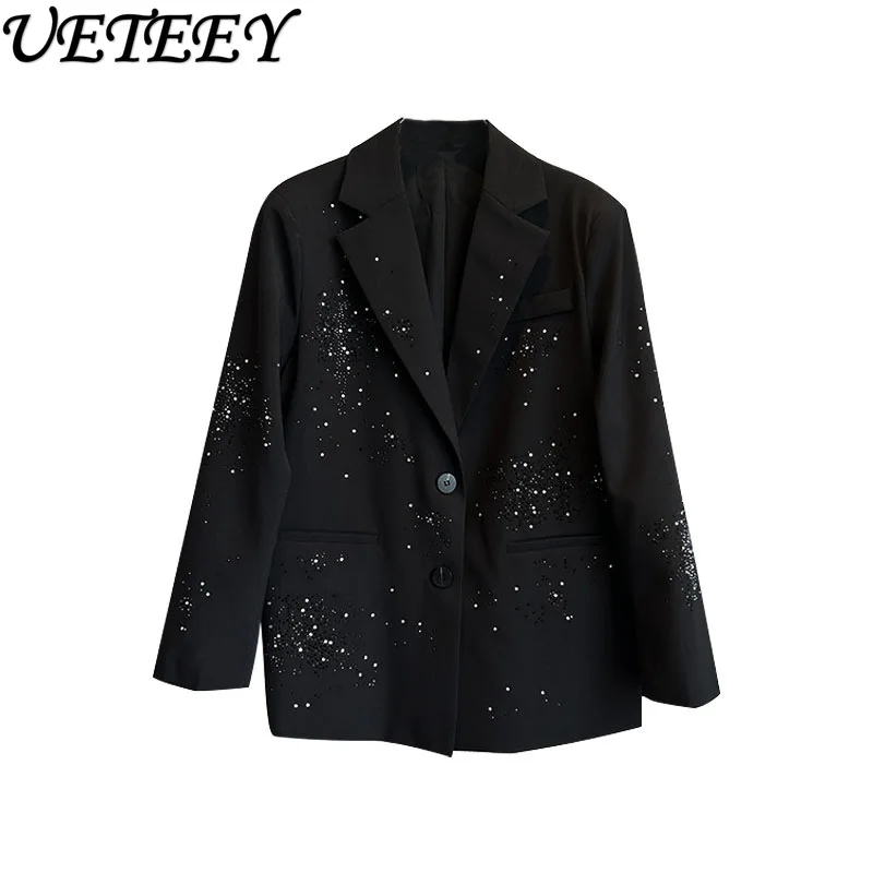 Veste noire à manches longues pour femmes, manteau de printemps et d'automne, vêtements de tempérament sexy, veste de taille imbibée de diamants, rapIndustry