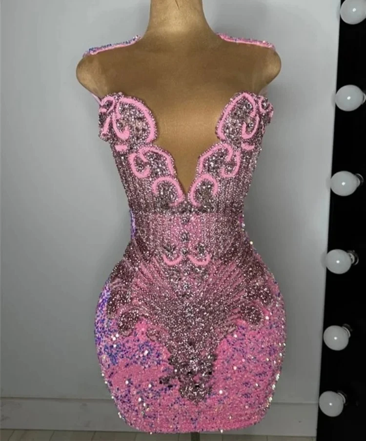 Pink Short Prom Dresses For Black Girls Squins Beaded Women African Cocktail Dresses Birthday Party Homecoming Customized