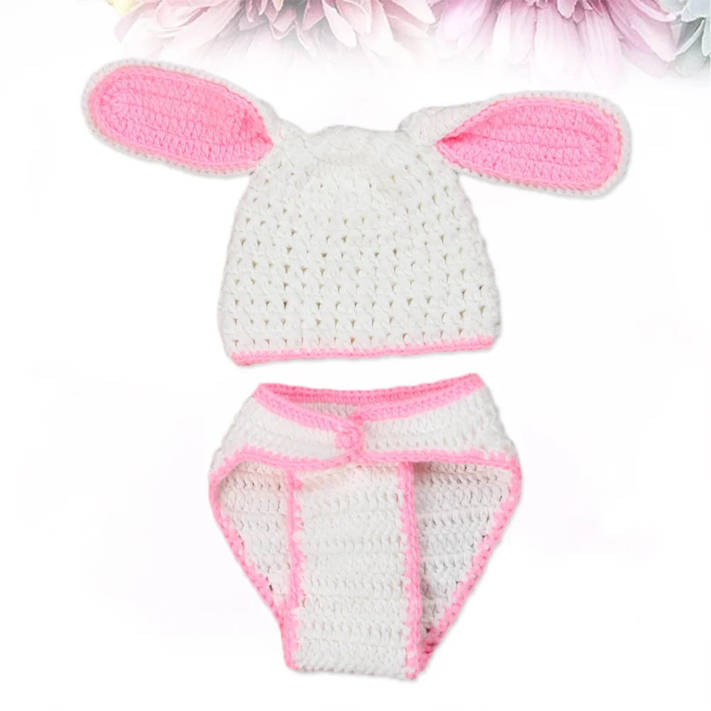الوليد الطفل التصوير الدعائم أرنب الزي مجموعة الكروشيه متماسكة قبعة بانت آذان كبيرة الأرنب الوردي الأبيض الطفل صور الدعائم #1