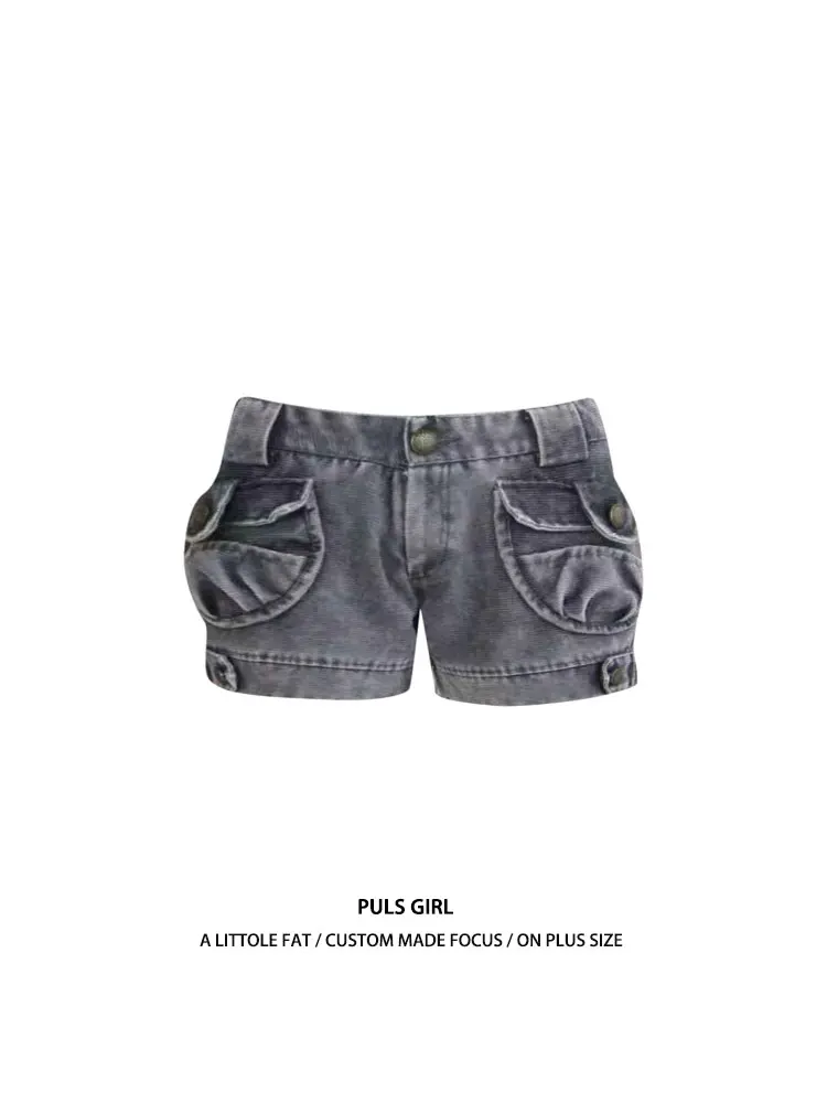 

Retro American Washed Denim Shorts Women's Summer Loose Workwear Hot Pants High Waist Button Detail Pure Color Shorts