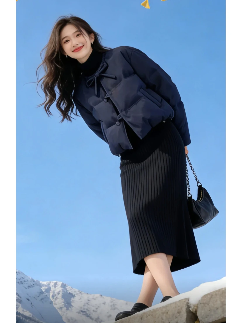 

Blue ort Puffer Jaet Women's Winter Korean Sle Design Belted round Ne Warm Bread Coat Casual Loose Fit Cotton Jaet