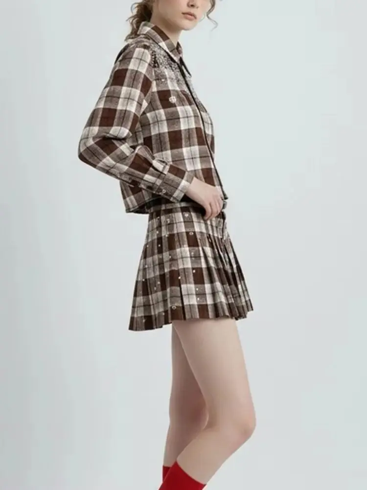 Women Shirt Diamond Flower Decoration Plaid Turn-Down Collar Top or Pleated Mini Skirt
