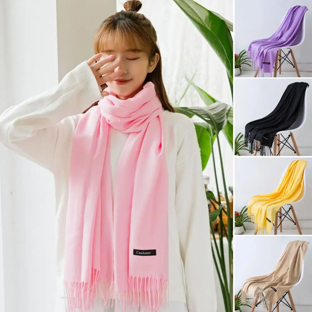 

Women Fall Winter Scarf Thickened Solid Color Tassel Decor Scarf Warm Soft Cozy Wide And Long Neck Lady Shawl