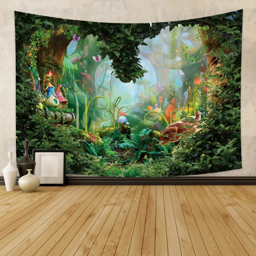 Fairy Tale Forest Tapestry Wall Hanging Fantasy Magic Garden Mushroom Aesthetic Kid Girl Bedroom Living Room Dorm Party Decor