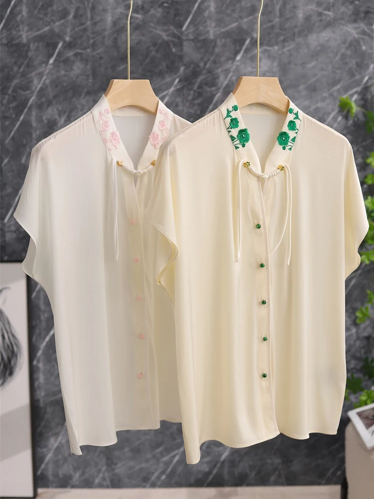

Элегантная шелковая рубашка с цветочной вышивкой и воротником-стойкой, с коротким рукавом, женский летний топ прямого кроя, в деловом стиле, с пуговицами