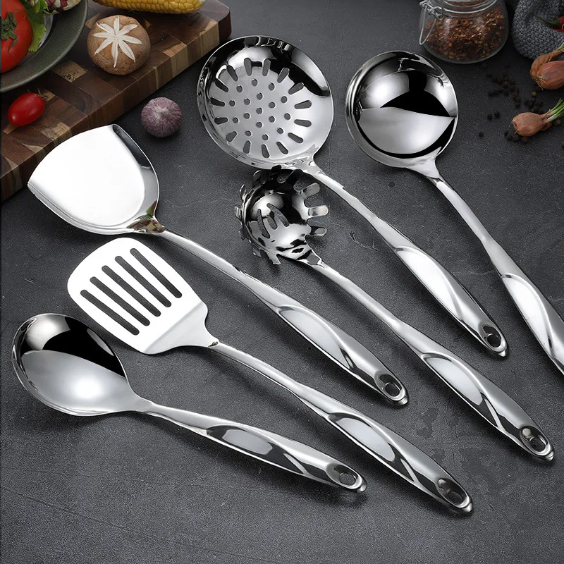 Stainless Steel Cooking Tools Set, Heat-resistant Kitchen Utensils - Turner, Soup Ladle, Strainer, Pasta Server, Rice Spoon