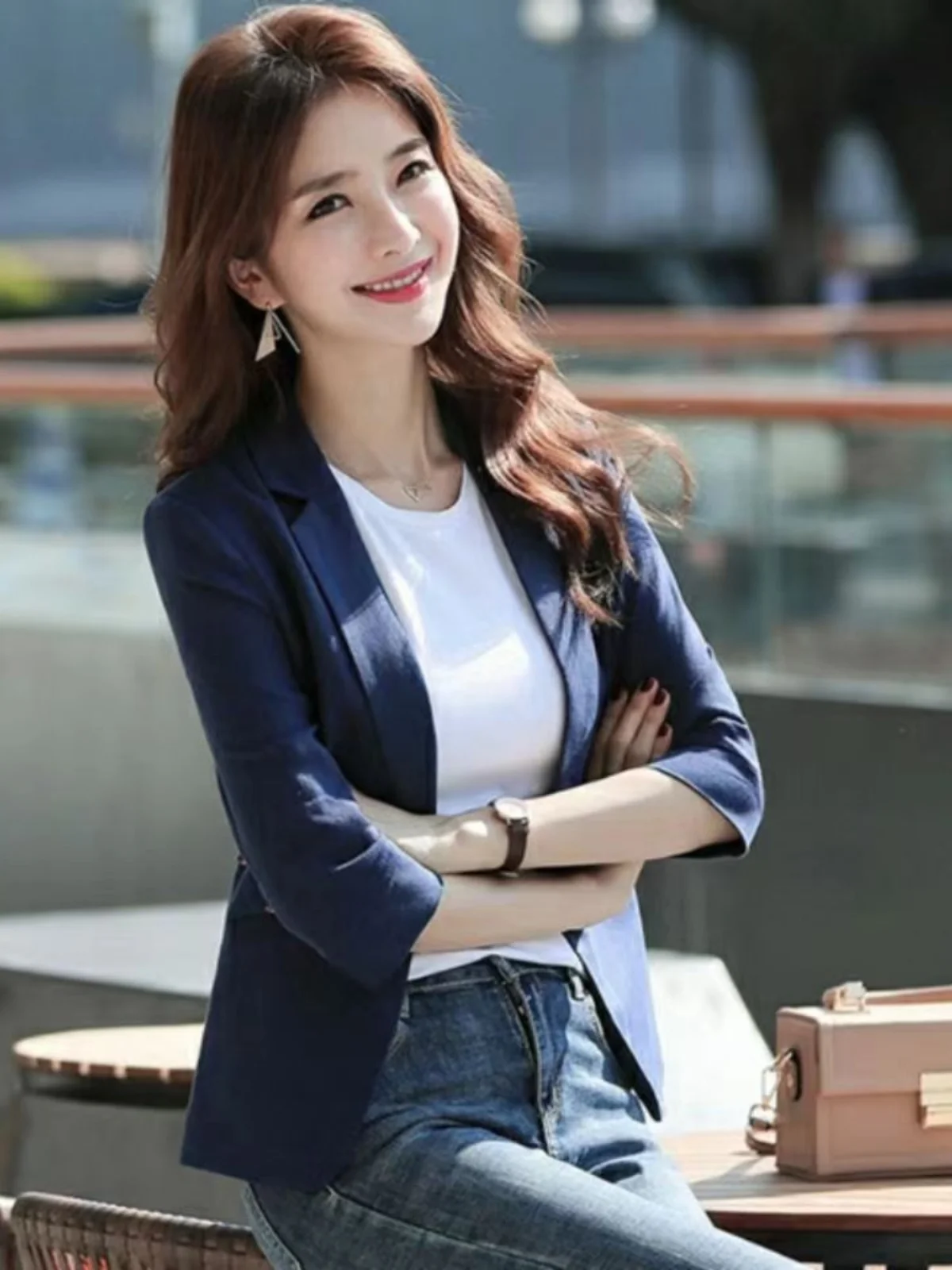 Short  Women's Fashion 2024 Spring Summer Slim Fit Seven-Quarter Sleeve One Button Casual Linen Western Suit Outerwear