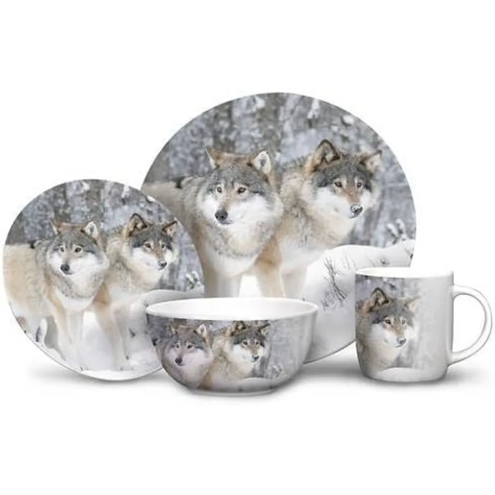 

16-Piece Wildlife Dinnerware Set, with Dinner Plates, Salad Plates, Soup Bowls, Mugs, Wolf, Medium