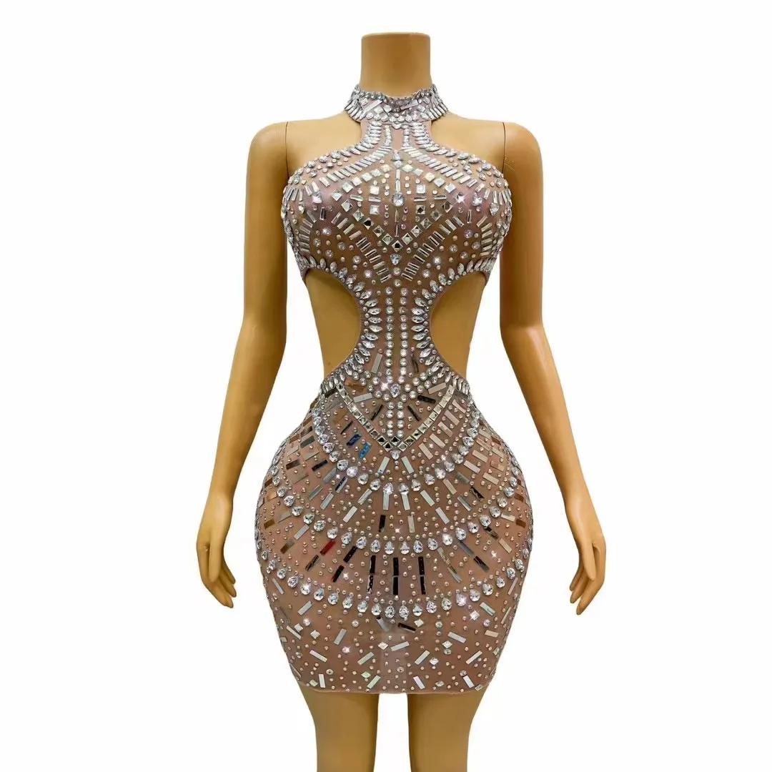 

New Silver Rhinestones Sequins SexyBackless Dress Birthday Celebrate Outfit vening Stage Performance Dancer Costumefangxiang