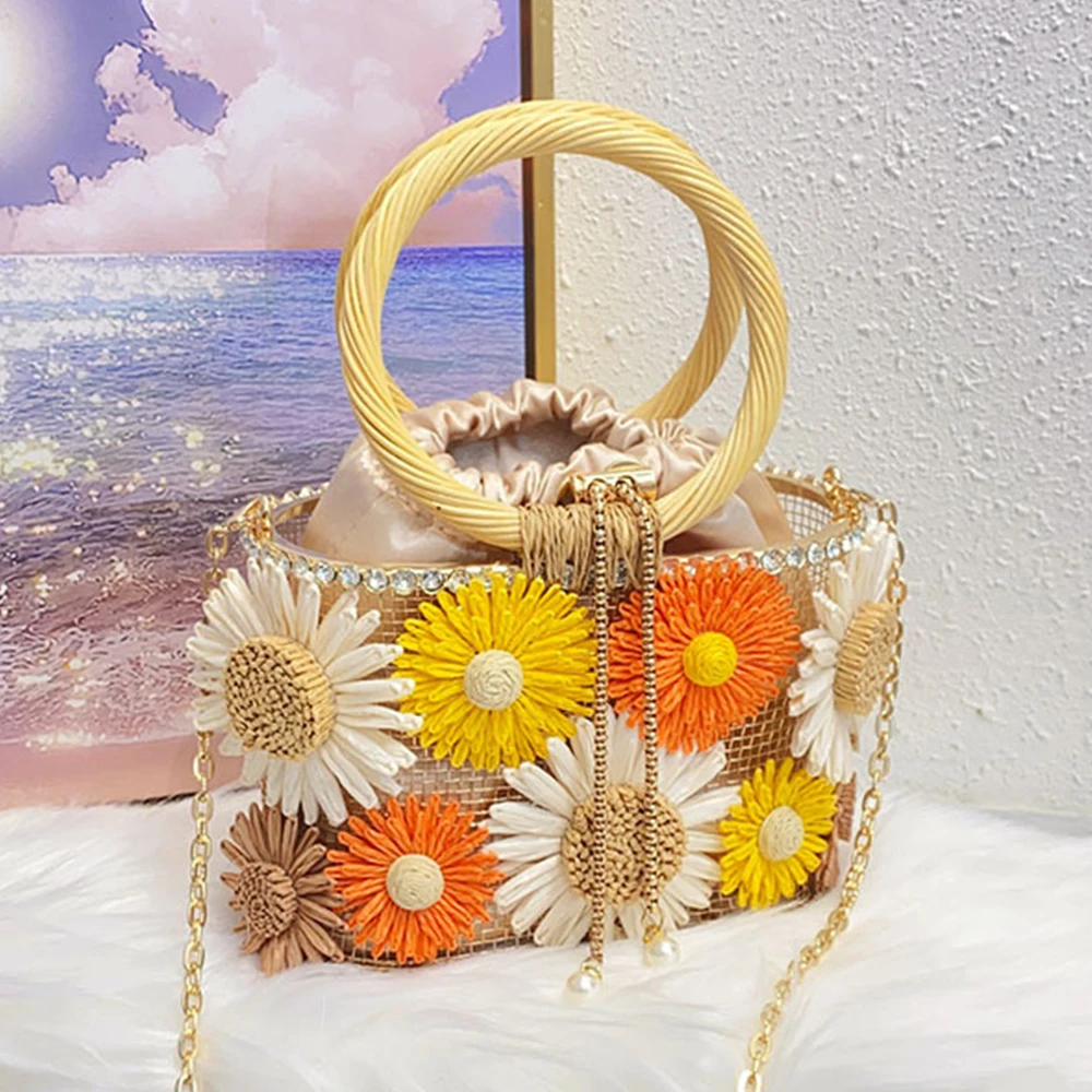 

Женская сумка с подсолнухом и птичьей клеткой, металлическая сумка-корзина с бриллиантами для женщин, сумка на плечо из ротанга с круглой ручкой, роскошный вечерний клатч
