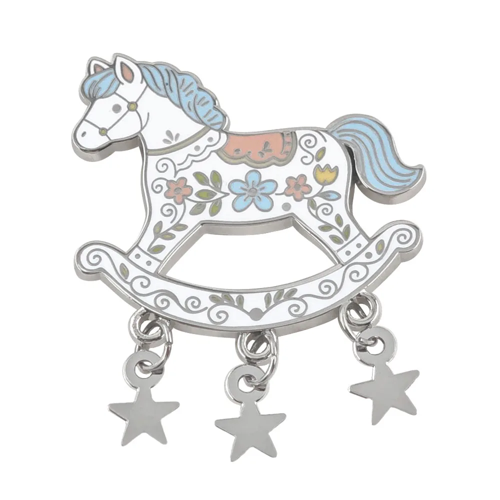 Vintage Rocking Horse Enamel Pins Dangling Star Brooches Nordic Folk Art Flower Lapel Badges Cute Pony Clothes Backpack Jewelry