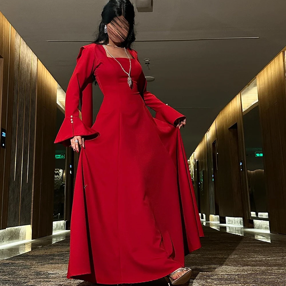 

Square Neck Straight Ankle Length Red Long Sleeves Jersey Pleats Ruffles Pearls Evening Dress Dresses For Formal Occasions 2024