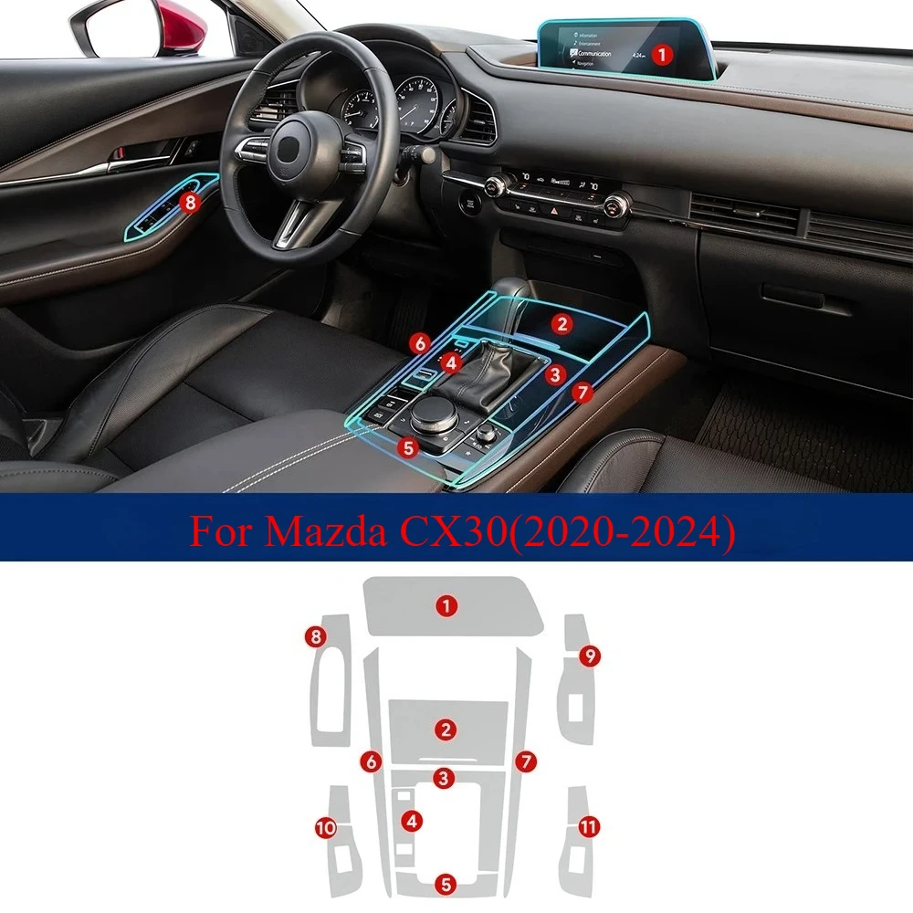 

Защитная пленка из ТПУ для центральной консоли, панели переключения передач и навигационного экрана автомобиля Mazda CX30 2020-2024, антицарапийная, для леворульных авто (LHD)