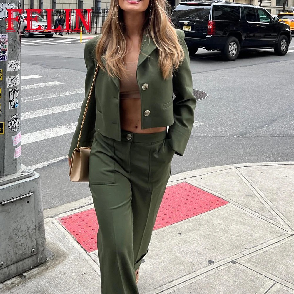 TRAF 2023 Spring Solid Women Casual Suit Slim Single Breasted Short Blazer+Straight Wide Leg Long Pants Fashion Female Sets