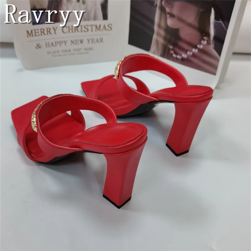 مصمم جديد ديكور معدني النساء النعال مربع المفتوحة تو سميكة عالية الكعب الانزلاق على الصنادل أحذية الصيف موجزة #3