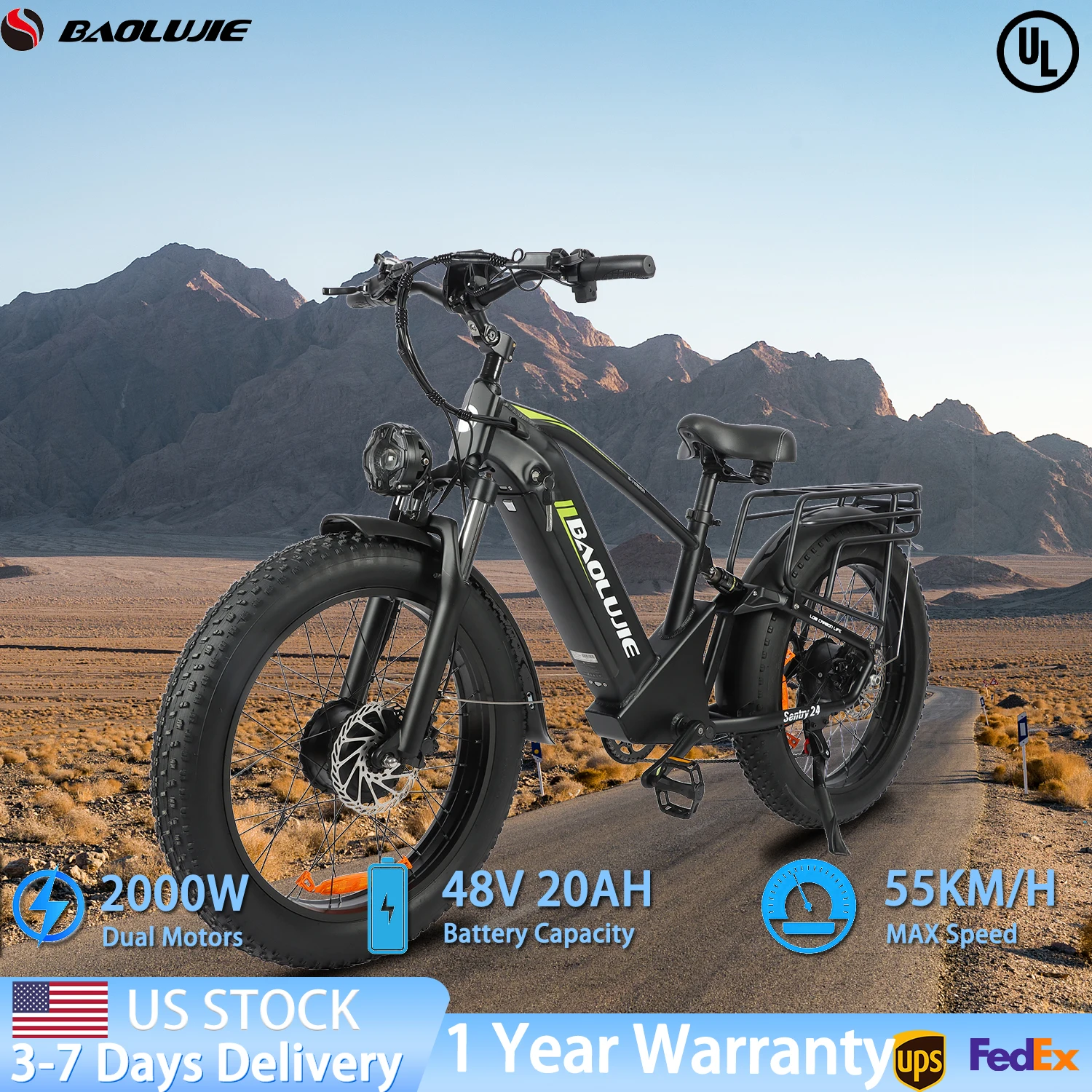 

BAOLUJIE 2401 E Bike Daul Motors Electric bicycle Peak 2000W Adult Electric Bike 48V 20AH Removable Battery 24"【1 Year Warranty】