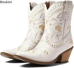 New 2026 Embroidered Western Boots For Women Ankle Bootie Cowboy Cowgirls Flower Print Fashion Chunke Heel Slip On Ankle Boots