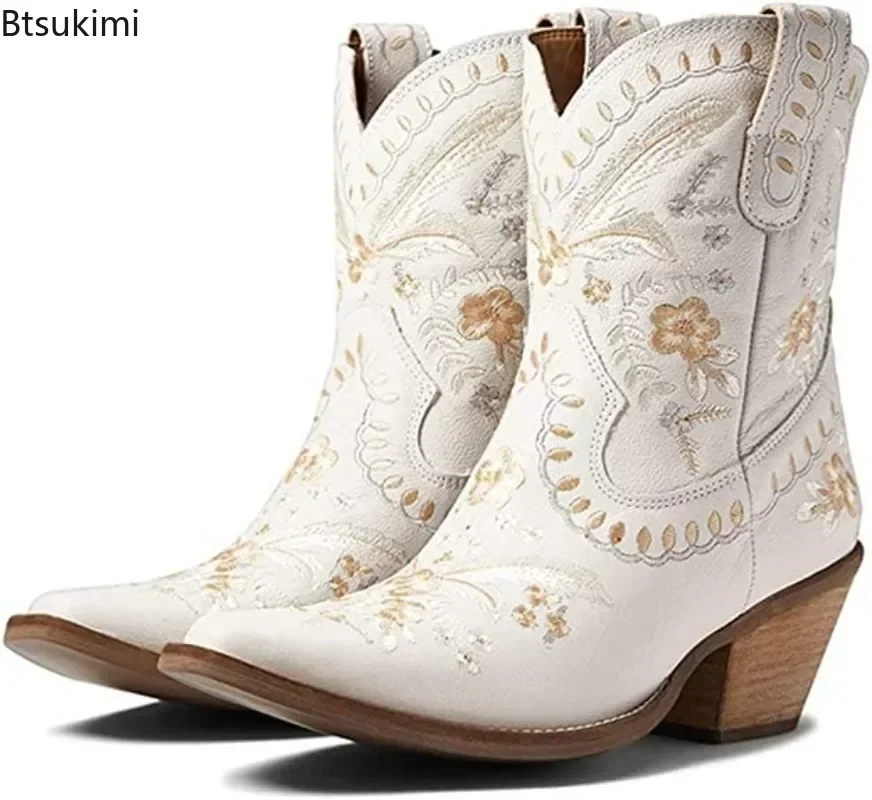 New 2025 Embroidered Western Boots For Women Ankle Bootie Cowboy Cowgirls Flower Print Fashion Chunke Heel Slip On Ankle Boots