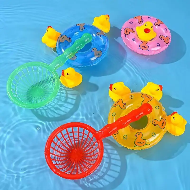 Kids Floating Bath Toys Mini Swimming Rings Rubber Yellow Ducks Fishing Net Washing Swimming Toddler Toys Water Fun