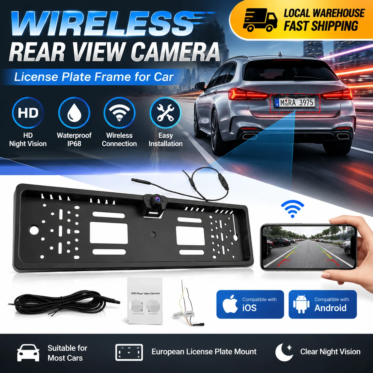 Telecamera di retromarcia wireless per auto, con supporto a parete per l’Europa, telecamera anteriore con cornice per la targa, telecamera HD impermeabile con visione notturna, compatibile con