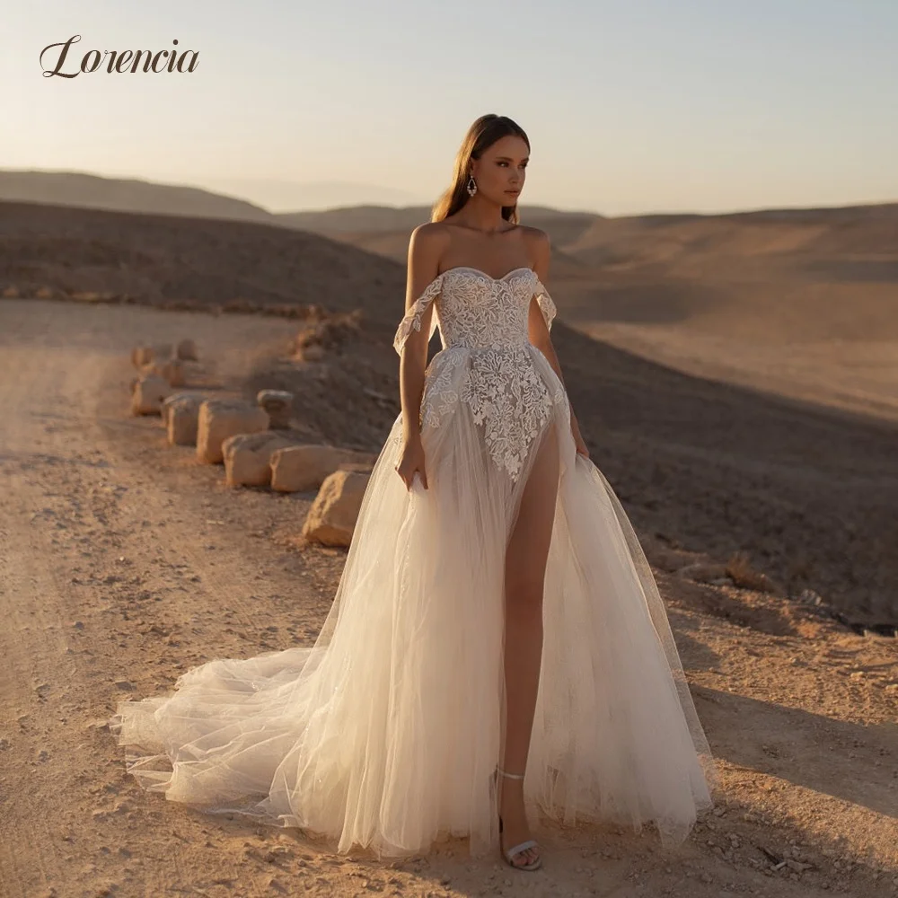Lorencia Glitter Tulle Beach Wedding Dresses Off the Shoulder Lace Appliques High Slit A-Line Boho Bridal Gowns Customized