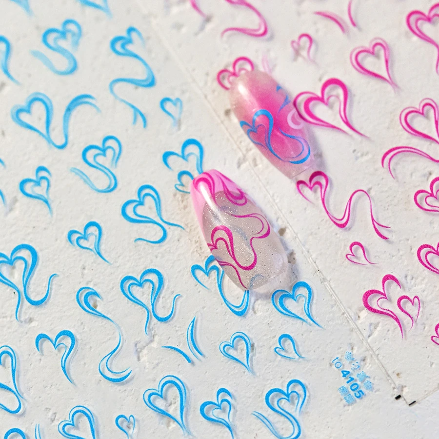 Bright Blue Red Laser Pink Gold Silver Love Heart Ribbon Lines PEmbossed Reliefs Self Adhesive Nail Art Stickers Manicure Decals