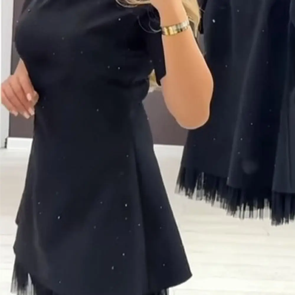 2025 Summer Womens Dress Elegant Sleeveless Square Neck Solid Color Rhinestone Mesh Pleated Slim Fit Office Casual Party Gown