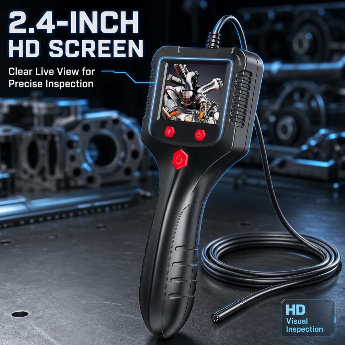 8mm Industrial Endoscope Camera 2.4 Inch IPS Screen HD Borescope with 6 Adjustable LED Lights for Auto Engine Inspection