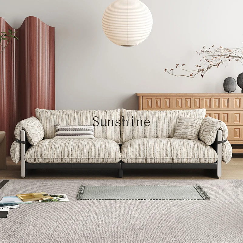 

Medieval modern living room high-footed chenille cotton and linen straight row three-person sofa