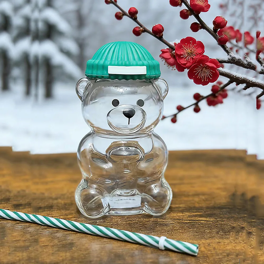 

2026 New Bear Cup Cute Transparent Tumbler With Straw Glass For Iced Coffee Cold Drink With Hat limited edition gift
