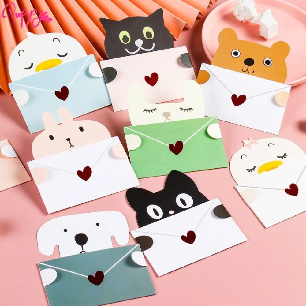 6PCS Bear Rabbit Blessing Thank Envelope Folded Cartoon Decoration Letter Paper Cute Ins Cartoon Greeting Card