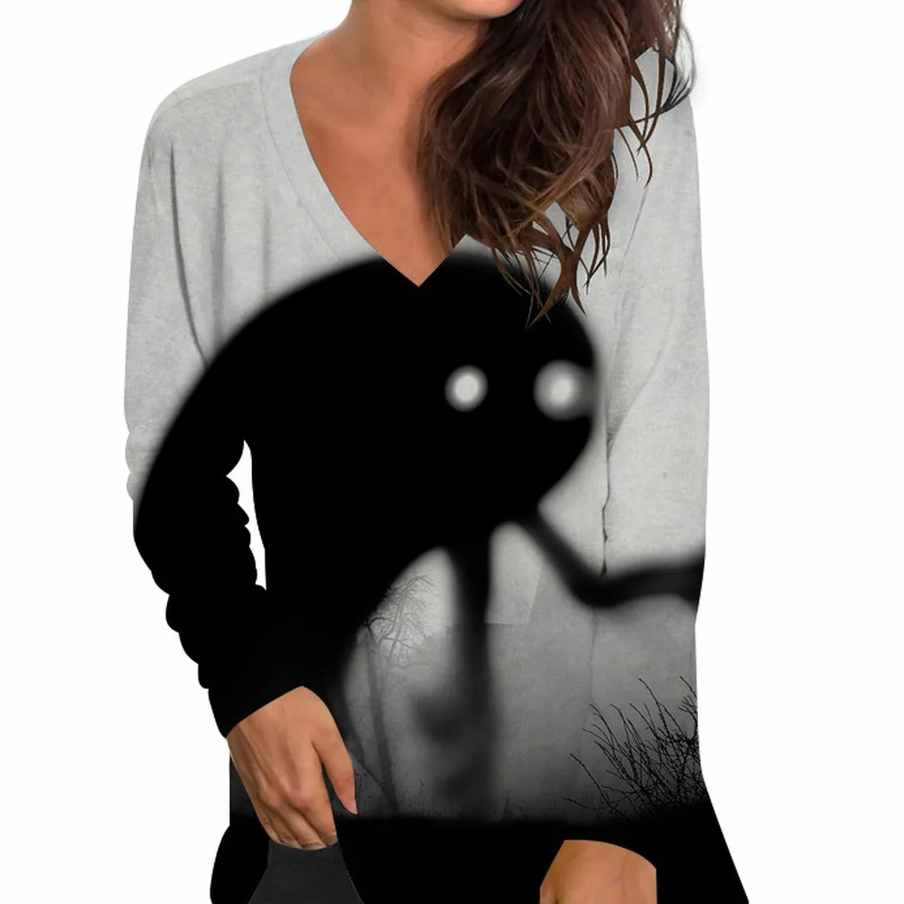 

Autumn Winter Long Sleeves Korean Fashion V-neck T-shirt For Women 3D Printed T-shirts Ladies Casual Top Tee Woman Clothes