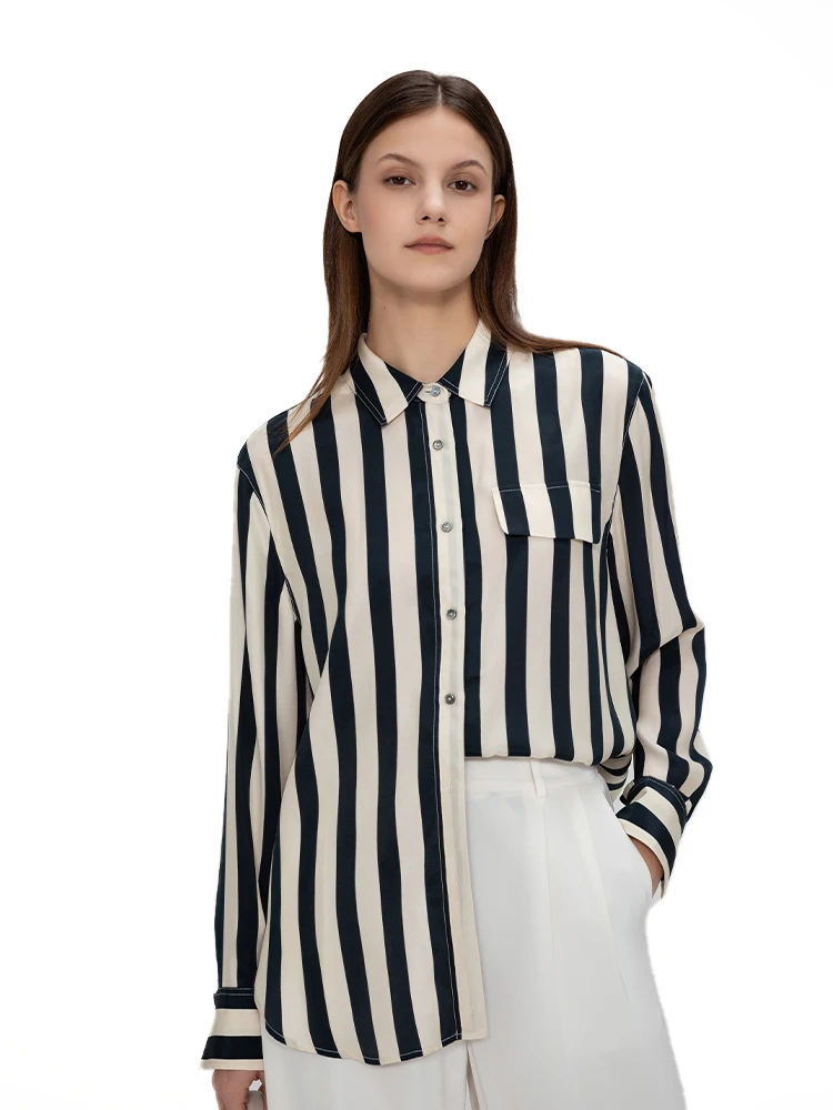 ZEAMOD  Womens 100% Silk Shirt Ladies Blue White Pinstripes Blouse with V Neck and Long Sleeve Work Casual All Season