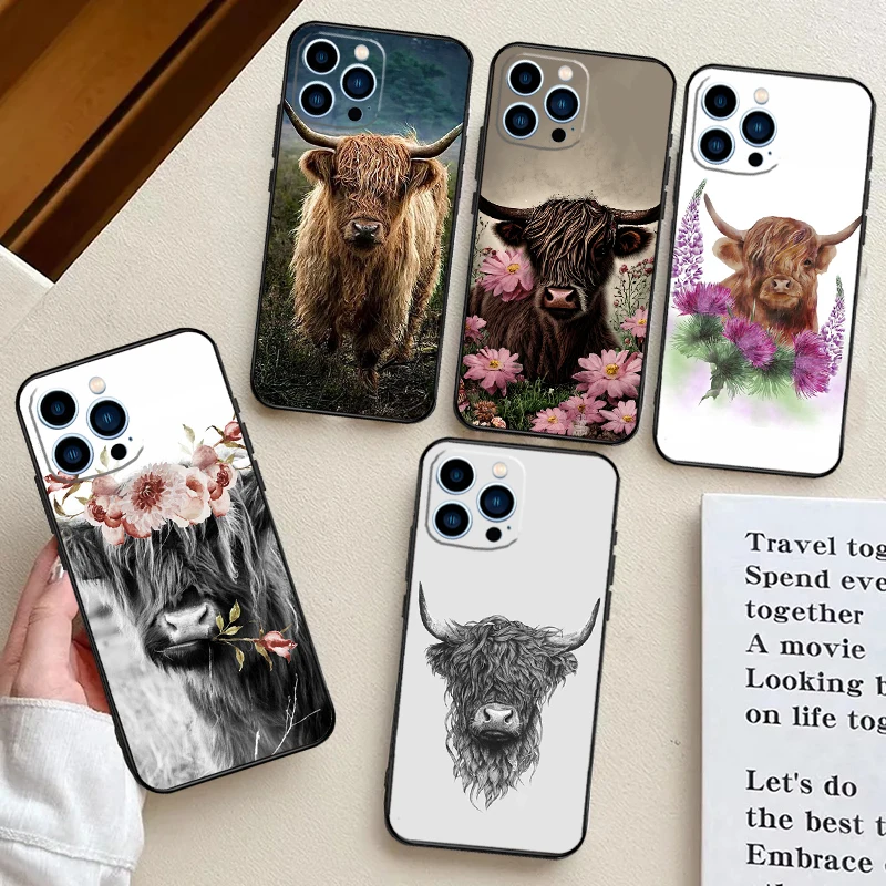 Highland Cow Schotse Kunst Telefoon Hoesje Voor Iphone 14 13 11 12 Pro Max Mini Xr Xs X 7 8 Plus 15 16 Pro Max Hoes