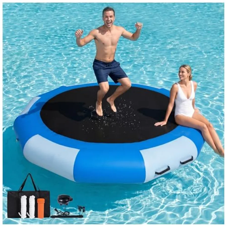Lake and pool inflatable water trampoline for adults: durable PVC blue portable bounce platform with pump and rope ladder