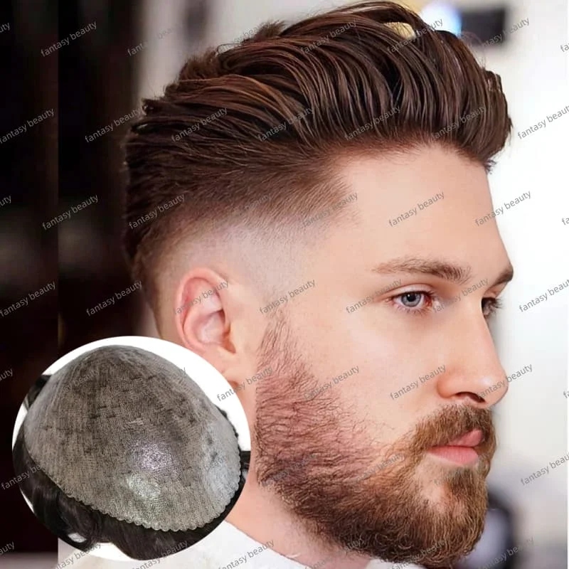 

0.1-0.12mm Skin Injection Men Toupee Full PU Men's Wigs 100% Indian Human Hair PU Replacement System Unit Capillary Prosthesis