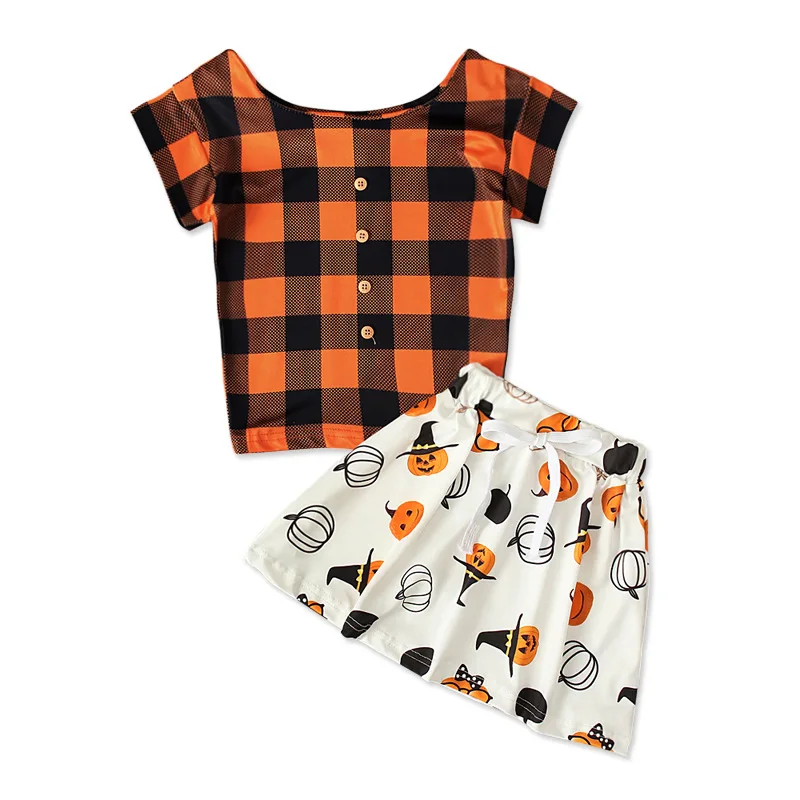 

1-5Y Halloween Kid Girl Clothes Short Sleeve Plaid Tops+Pumpkin Skirt 2Pcs Set Toddler Tracksuit Orange Costume Baby Outfit A661