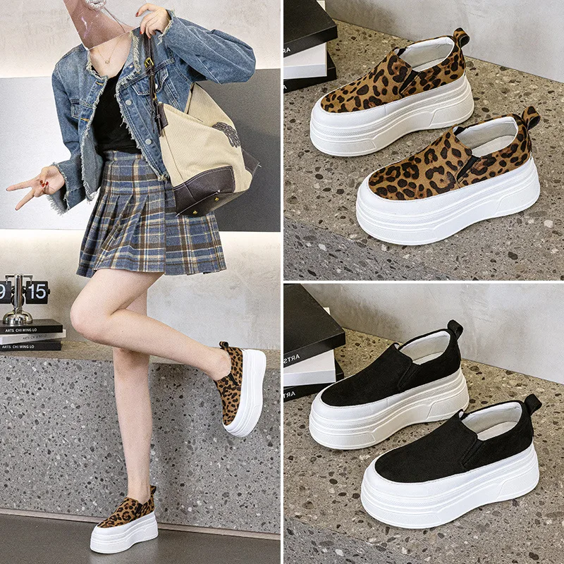 

Женские туфли LeFu 2026 с толстой подошвой, леопардовым принтом, универсальные, для студентов, увеличивающие рост, повседневные женские туфли