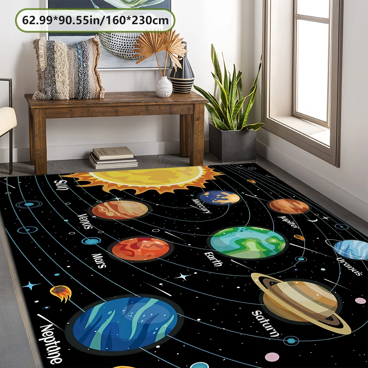 VIKAMA Boys Bedroom Home Rug Cartoon Solar System Planet Astronaut Galaxy Orbit Space Pattern Anti‑Slip Washable Indoor Floor
