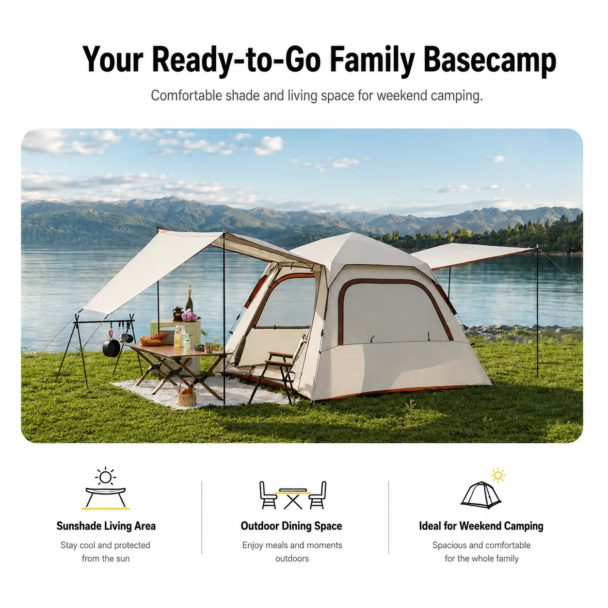 Sofort Aufbaubares Familienzelt 2-in-1 mit Vordach für 3-5 Personen 5-Schicht Silberbeschichtet UPF50+ Wasserdicht Fiberglas 3-Sekunden-Aufbau