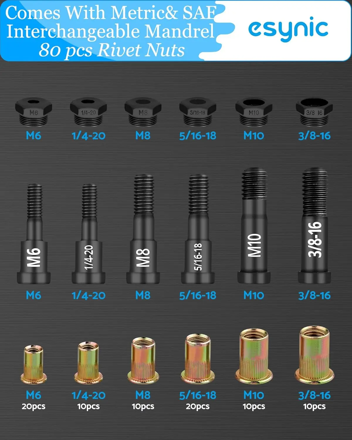 Pistola para tuercas de remache, herramienta para pistola Rivnut de alta eficiencia con mandriles SAE de 3 tamaños métricos y 3 tamaños, 80 Uds., tuercas para remaches, Kit de herramientas para remaches duraderos