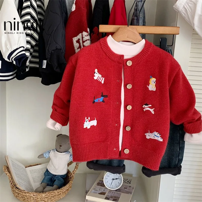 

Kids' Sweater Winter New Boys and Girls Fashionable Embroidery Puppy Knitted Cardigan Red Top Fashion